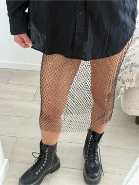 H&M Black Mesh Fishnet Midi Skirt with Rhinestones